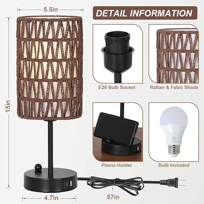 Bedside Lamps Set of 2, Touch Control Night Stand Lamp for Bedroom with Rattan & Linen Shade & Bulbs, 3 Way Dimmable Small Boho Table Lamps with USB Charging Port & Phone Stand (Coffee Color) - Bloomnest