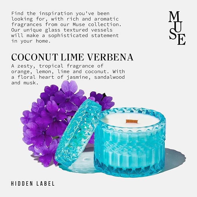 Hidden Label Coconut Lime Verbena Scented Soy Candles, Crackling Wood Wick, Muse Collection 7.4oz Glass Jar Decorative Candles, Gifts for Women - Bloomnest
