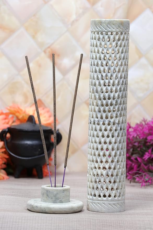 Crocon Handmade Incense Tower Candle Stick Holder Soapstone Tea Light Tower Burner | Candles Stand |Office Decor Room Fragrance Decorative Kitchen Home Spa Great Gift Set - 11X3X3 Inch