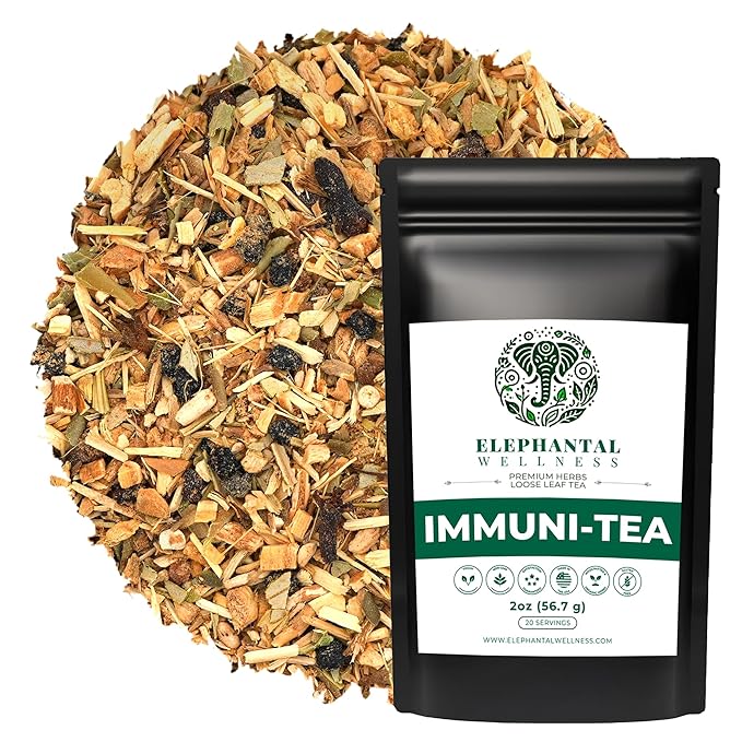 Elephantal Wellness Premium Immuni-Tea | Immune System & Respiratory Support with Reishi, Clove, Echinacea & Elderberry | Handmade, Caffeine-Free, Non-GMO Loose Leaf Blend, 2oz, 20 Servings - Bloomnest