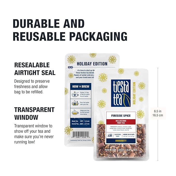Tiesta Tea - Fireside Spice, Loose Leaf, Mulled Wine Herbal Tea, Premium Non-Caffeinated Holiday Blend, Make Hot or Iced, Brews Up to 25 Cups, 1.5 Ounce Resealable Pouch - Bloomnest