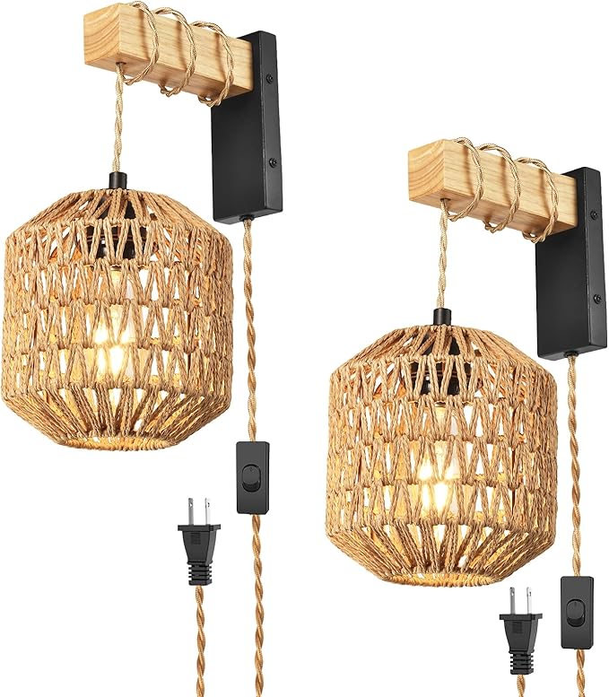 Rattan Plug in Wall Sconces Set of Two, Hand Woven Boho Wall Lamp Plug in Cord Wall Sconces for Bedroom Living Room Farmhouse - Bloomnest