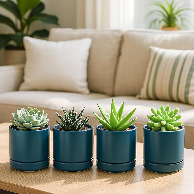 D'vine Dev Set of 4 Small Ceramic Plant Pots, 4.7 Inch Succulent Planter Pot for Plants with Drainage Hole and Saucer, Teal, 94-X-B-9 - Bloomnest