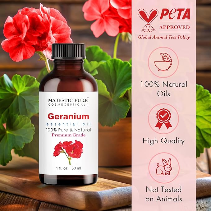 Majestic Pure Essential Oil with Glass Dropper - 100% Pure and Natural - Essential Oils for Diffuser, Aromatherapy, Soap and Candle Making, Geranium Essential Oil, Geranium Oil, 1 Fl Oz (Pack of 2) - Bloomnest