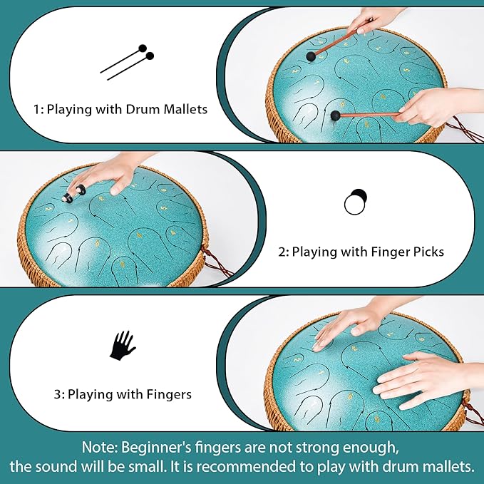 Steel Tongue Drum - 14 Inch 15 Note Tongue Drum - Hand Pan Drum with Music Book, Handpan Mallets and Carry Bag, C Major, Malachite Green - Bloomnest