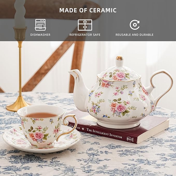 Flower Ceramic Teapot,22oz Porcelain Tea pot for Tea Coffee Milk for Office Home Men Women as Gift(White and small flowers) - Bloomnest