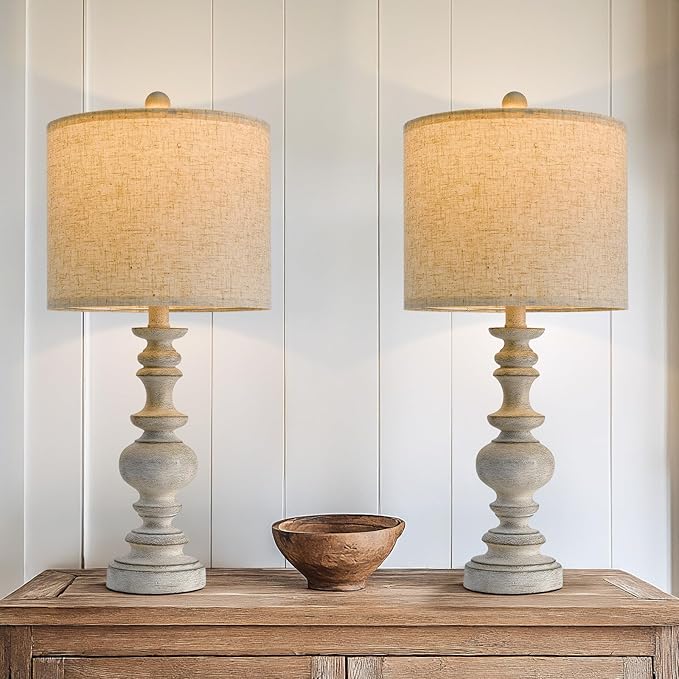 BOBOMOMO 24" Farmhouse Retro Table Lamp Set of 2, Traditional Resin Lamps for Living Room Bedroom, Vintage Bedroom Lamps with Linen Shades, Rustic Table Lamps for Living Room, Nursery, Office - Bloomnest
