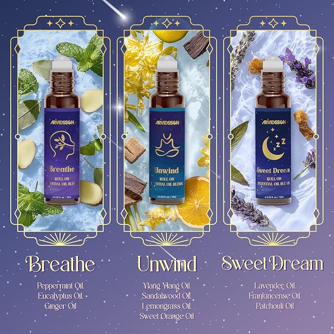 ARVIDSSON Essential Oils Roll On Set, Natural Self Care Essential Oil Blends Gift for Women - Sweet Dream, Unwind, Breahte, Balance, Focus, Happy, Aromatherapy Oil Roller for Body, Massage ARVIDSSON