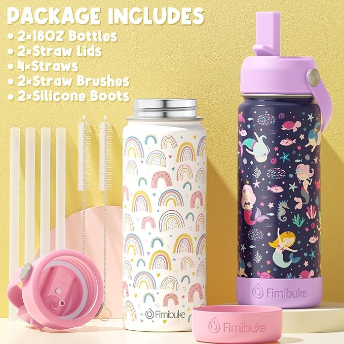 Fimibuke Kids Insulated Water Bottle, 18oz BPA FREE Kids Cup with Straw Double Wall Vacuum Tumbler 18/8 Stainless Steel Leak Proof Toddler Water Bottle for School Boys Girls (2 Pack, Rainbow/Mermaid) - Bloomnest