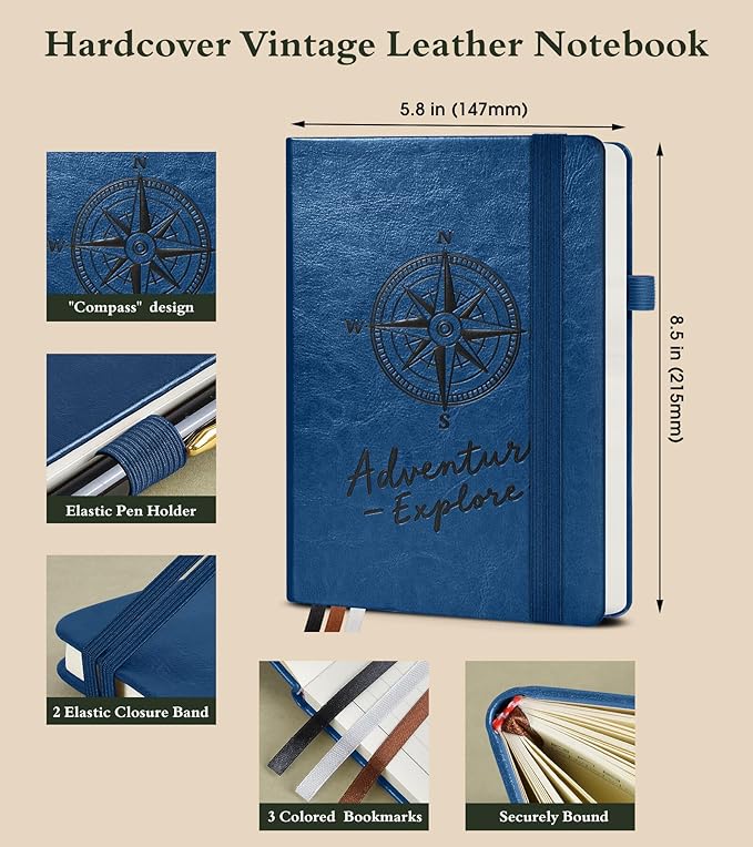 Lined Journal Notebook for Women Men, 160 Pages, A5 Hardcover Vintage Leather Journaling Notebooks for Work, School, Note Taking, Travel, Bible Study, Daily Diary for Writing 5.8"x8.5" (Navy) - Bloomnest