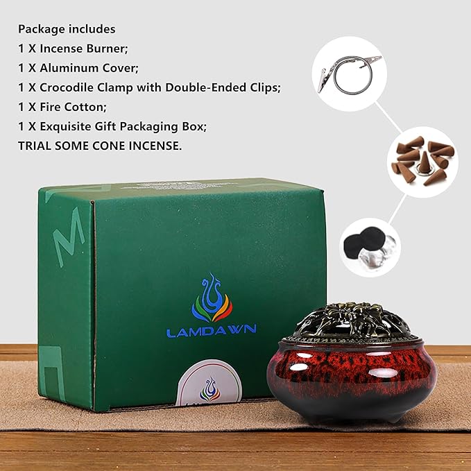 Incense Burner with Calabash Incense Stick Holder - Porcelain Charcoal Censer for Use with Resin Granular Powder Cone or Coil Incense (Fambe Red) - Bloomnest