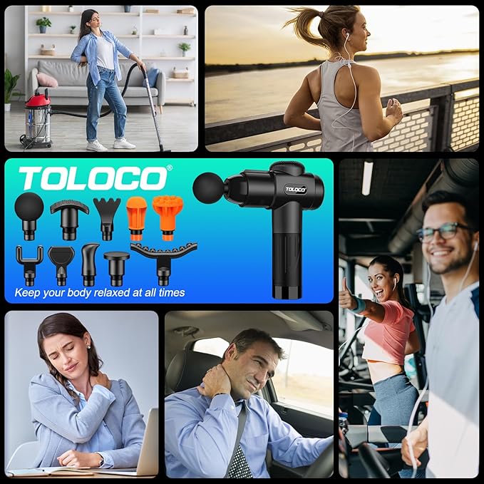 TOLOCO Massage Gun, Deep Tissue Back Massage for Athletes for Pain Relief, Percussion Massager with 10 Massages Heads & Silent Brushless Motor, Gifts for Fathers Day, Black - Bloomnest