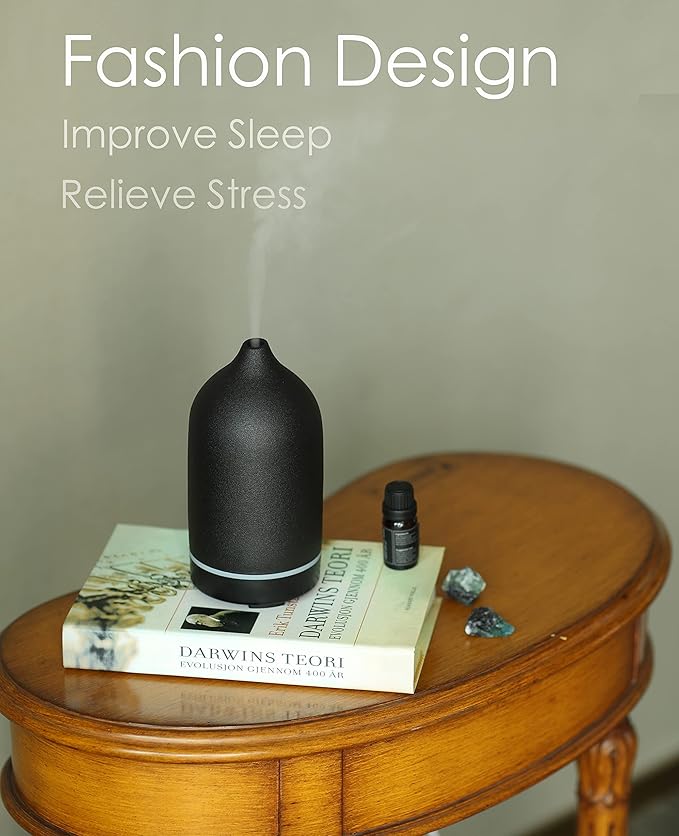 Essential Oil Diffuser,Handcrafted Ceramic Diffuser for Home,Ultrasonic Cool Mist Air Diffuser, 9 Colors Night Light with Timer (Black) - Bloomnest