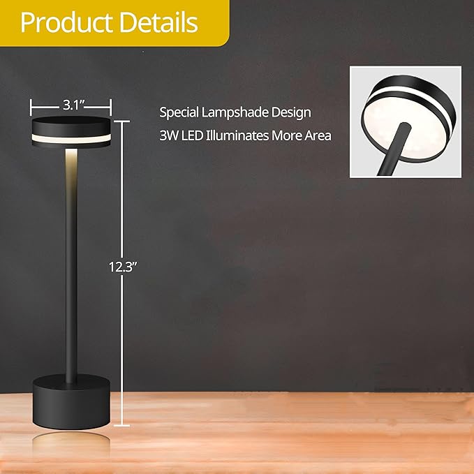 Portable Rechargeable Bedside Lamp, Touch Stepless Dimmable, Cordless Table Lamp for Home, Bedroom, Hotel, Restaurant, Bar, Outdoor, 1 Pack (Black) - Bloomnest