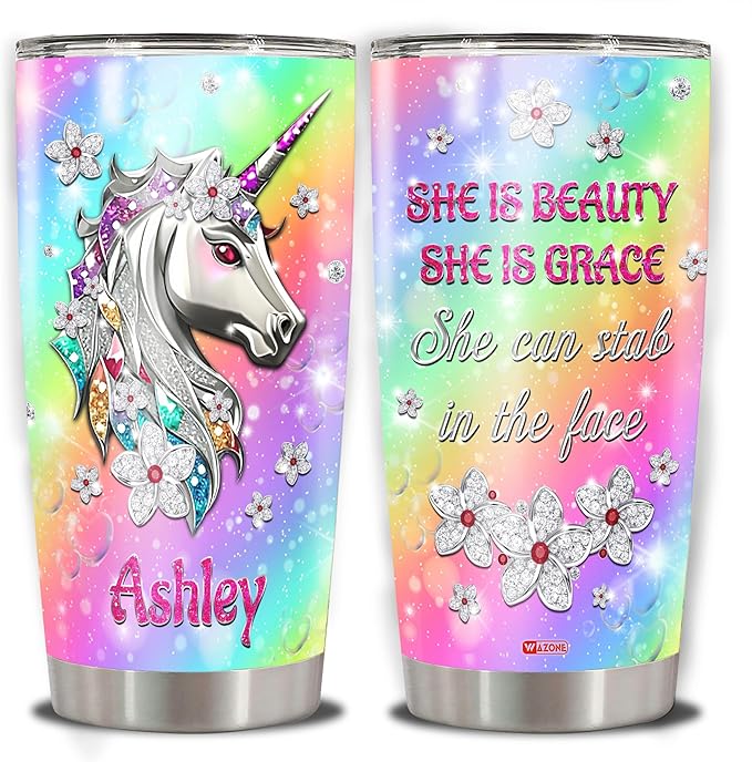 WAZONE Personalized Unicorn Insulated Tumbler Cup With Name Sayings Stainless Steel Double Wall Vacuum Travel Mug 20oz 30oz Funny Thermos Sarcastic Themed Customized Gifts For Women Girl Her - Bloomnest