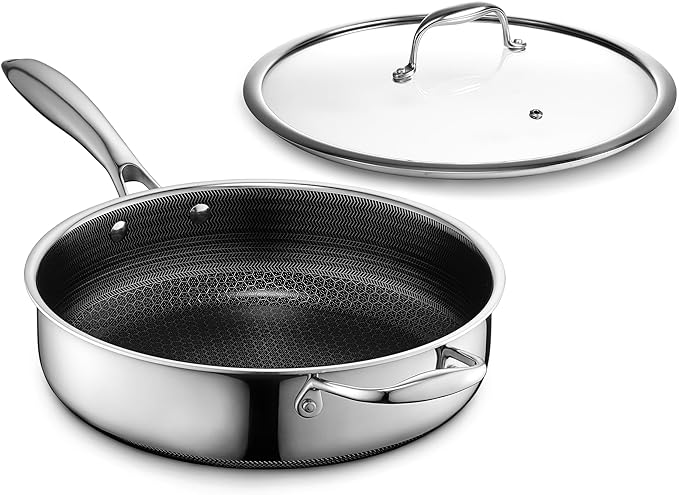 HexClad Hybrid Nonstick 3.3-Quart Deep Sauté Pan with Tempered Glass Lid, Stay-Cool Handle, Dishwasher-Friendly, Oven-Safe Up to 900°F, Induction Ready, Compatible with All Cooktops - Bloomnest