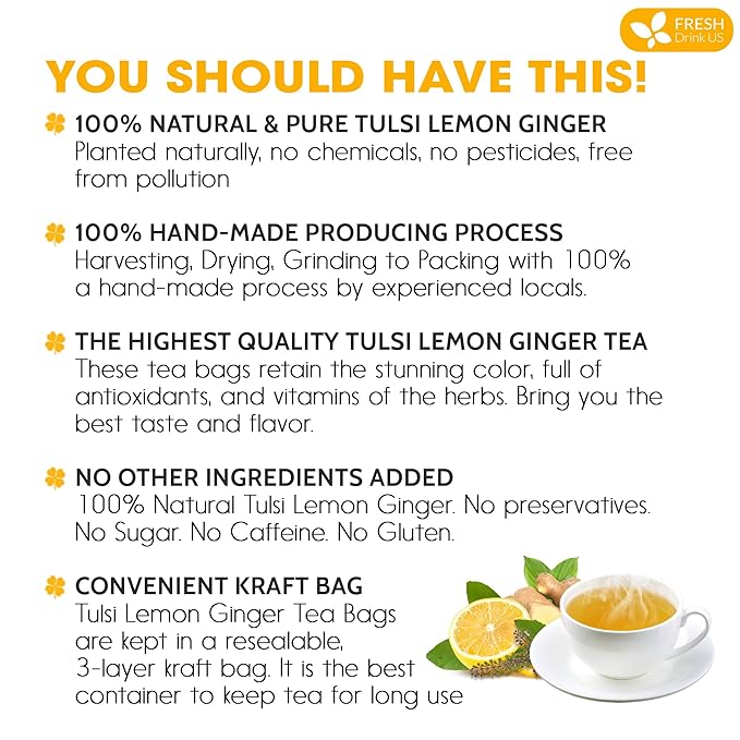 FreshDrinkUS, Premium 35 Tulsi Lemon Ginger Tea Bags, 100% Natural & Pure from Tulsi Holy Basil Leaves, Lemon and Ginger. Made with Natural Material Tea Bags. No Sugar, No Caffeine, Vegan. - Bloomnest