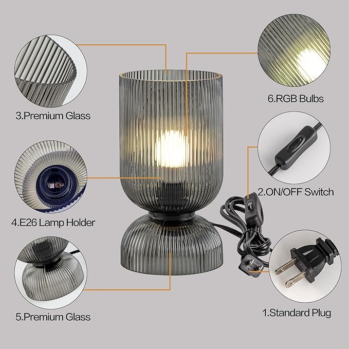 Modern RGB Glass Table Lamp with Remote，Color Changing Bedside Lamp with Ribbed Glass Shade, 16 Colors, On/Off Cord Switch, Nightstand Lamp for Bedroom, Living Room, Office, Bulb Included - Bloomnest