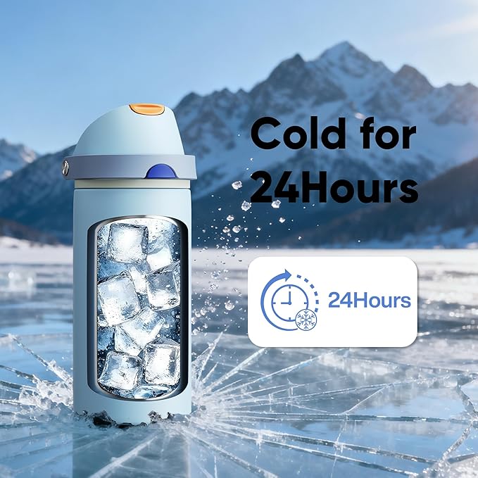 Insulated Water Bottle with Straw - Encool Stainless Steel Water Bottle with Push Button Lid, Leak-Proof & BPA-Free, Keeps Cold for 24 Hours for Sports, Travel, Gym (24 oz, Hazy Blue-Blue) ENCOOL