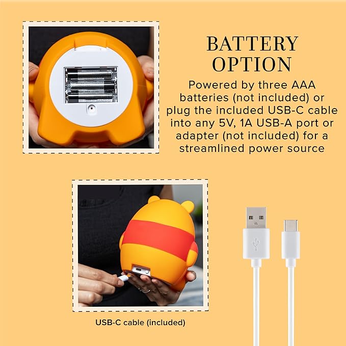 Disney Winnie The Pooh Squish Light, Night Light for Kids, USB Lamp, Battery Operated, Dimmable, Ideal for Bedroom, Playroom, Living Room, and More, 83189 - Bloomnest
