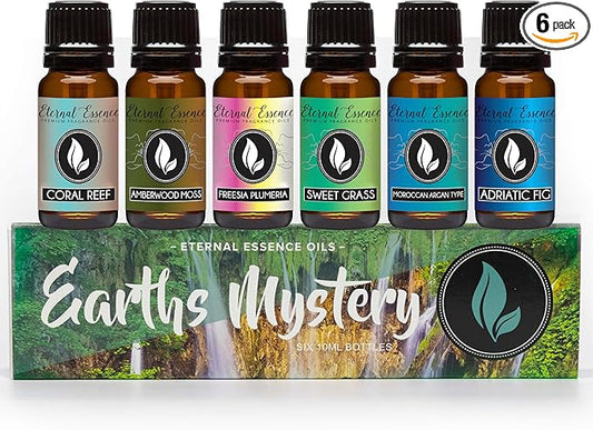 Eternal Essence Oils Earths Mystery Set of 6 Premium Fragrance Oils - Includes Freesia Plumeria, Sweet Grass, Amberwood Moss, Adriatic Fig, Moroccan Argan Type, and Coral Reef Scented Oils - 10ML - Bloomnest