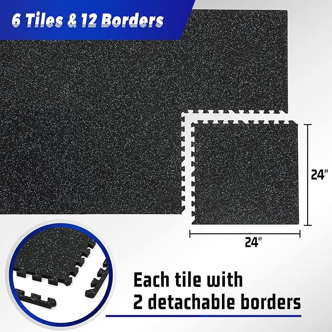 SUPERJARE 0.56'' Thick 6 Pcs 24 Sq Ft Rubber Top Exercise Equipment Mats, High Density EVA Foam Mats with Rubber Top, Interlocking Gym Flooring for Home Gym, Protective Workout Mat, Black/Blue - Bloomnest