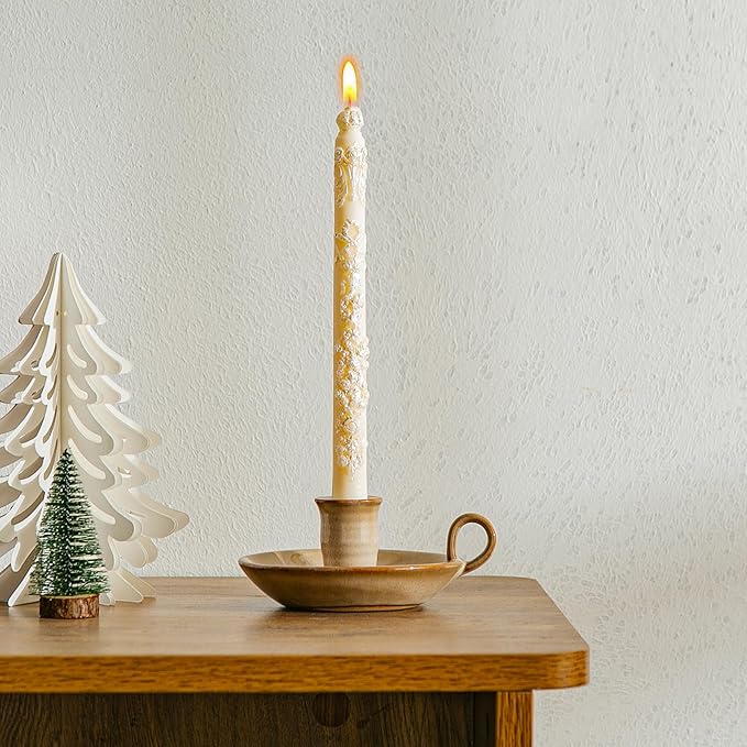 Candlestick Holder, Vintage Ceramic Candle Holder for Taper Candles, Spell Candles, and Incense, Farmhouse Candlelight Stand with Handle for Home, Dining Table, Halloween, Christmas Decor - Bloomnest
