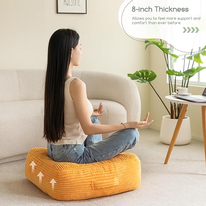 8" Washable Floor Pillow Cushion for Adults, Meditation Cushion Pillow, Large Square Floor Sitting, Removable Tufted Corduroy Cover, for Tatami Living Room or Yoga, 22x22 Inch, Machine Washable - Bloomnest