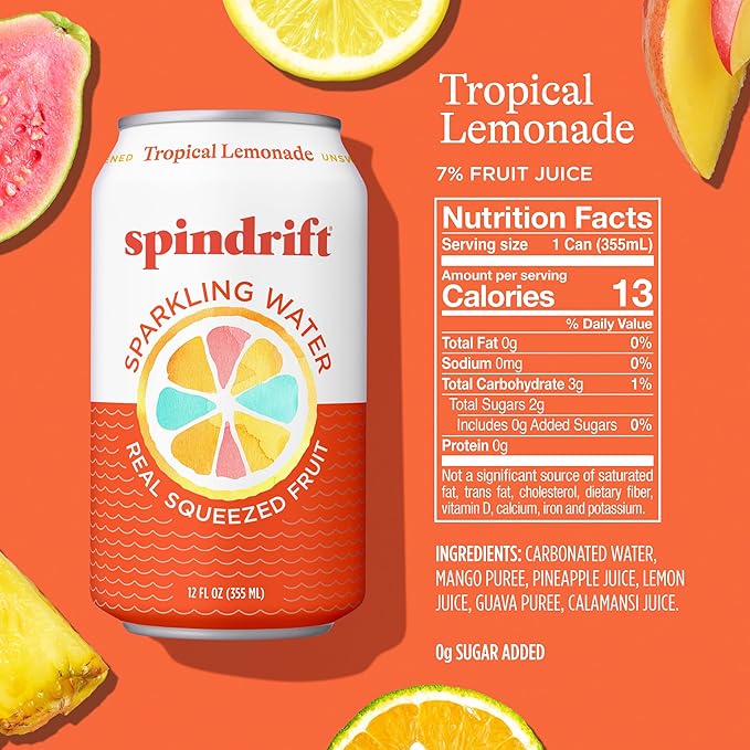 Spindrift Sparkling Water, Tropical Lemonade Flavored, Made with Real Squeezed Fruit, 12 Fl OZ Cans, Pack of 24 (Only 13 Calories per Can) - Bloomnest