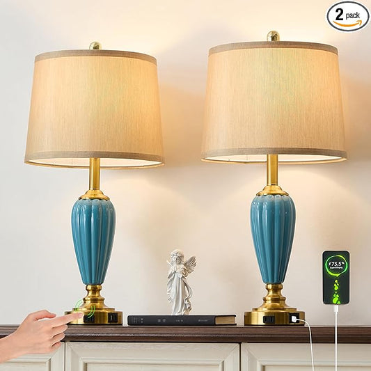 Living Room Lamps Set of 2, 25.5" Touch Lamps for Nightstand with USB A+C Ports, Modern Farmhouse Table Lamp for Bedroom, 2 Bulbs Included - Bloomnest