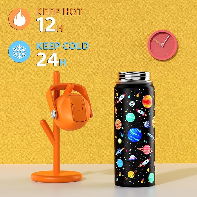 18oz Kids Insulated Water Bottle with Straw Lid - 18/8 Stainless Steel Kid Cup BPA-FREE Travel Tumbler Double Wall Vacuum Leak Proof Portable Toddler Water Bottle (Space) - Bloomnest