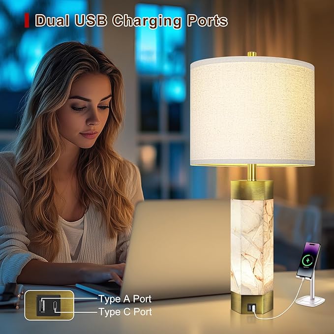 Natural Alabaster Table Lamps Set of 2,Table Lamp with Night Light for Living Room,Nightstand Lamp with USB Ports,Bedside Lamp with Linen Fabric Shade for Bedroom,Living Room,Office,Bar(Bulb Included) - Bloomnest