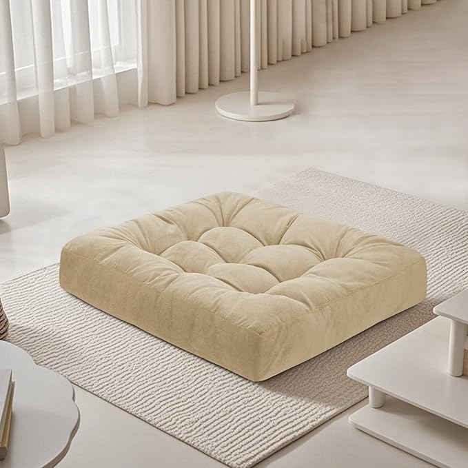 Meditation Floor Pillow 22×22 Inch 1 Pack Large Floor Cushions for Adults Square Tufted Corduroy Floor Pillows for Yoga Living Tatami Room Beige - Bloomnest