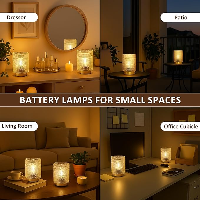 2 Pack Battery Operated Decorative Aesthetic Lamp with Timer for Dorm/Office/ Patio/Bedside/,Small Cordless Table Lamps with LED Warm Bulb for Shelf/Coffee Table/Entryway/ Mantle/Dresser Decor(Clear) - Bloomnest