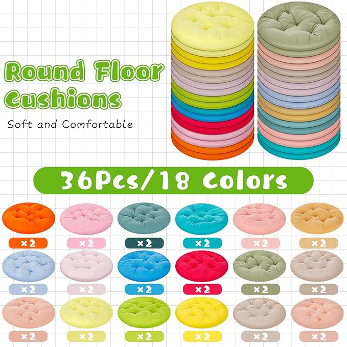 Tinideya 36 Pcs Round Floor Pillows 15.7 Inch Flexible Seating Pillows Chair Floor Cushions Reading Cushions for Kids Adults Classroom Home School Playing Supplies,18 Colors (Multicolor) - Bloomnest