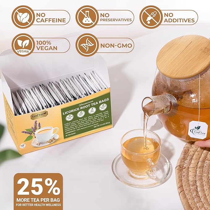 LeafLea 40 Premium Licorice Root Tea Bags, 100% Pure Licorice Spice Tea, Herbal Infusion to Digestive Comfort & Promote Respiratory Health, Te De Regaliz, Caffeine-Free, Sugar-Free, Soothing Flavor - Bloomnest