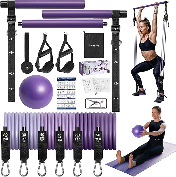 Upgraded Pilates Bar Kit with Resistance Bands Natural Latex for Women & Men, Heavy-Duty Stainless Steel Multifunctional Yoga Pilates Stick for Home Gym Exercise Fitness Equipment Full-Body Workouts - Bloomnest