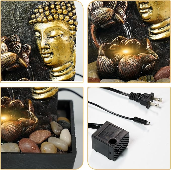 Ferrisland Tabletop Buddha & Lotus Waterfall Fountain with LED Light, Perfect for Zen Home & Office Decor(Gold) - Bloomnest
