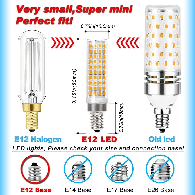 E12 100 Watt LED Candelabra Bulbs Equivalent C7,2700K Warm White,1200 lm T6 E12 12W LED Candle Bulbs for Ceiling Fan Chandelier Pendant Lighting Salt Lamp,Non-dimmable,2 Pack - Bloomnest