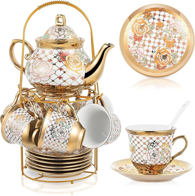 Zhehao 20 Pcs Porcelain Tea Set with Metal Holder and Spoon Adult Ceramic Tea Set European Flower Painting Teapot Cup Saucer Spoon for Women, Large Version(Delicate Style) - Bloomnest