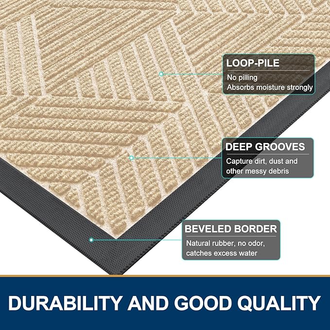 Smiry Front Door Mat Outside Entrance, Heavy Duty Sturdy Natural Rubber Doormat, Trap Dirt and Moisture, Easy Clean Low Profile Mats for Indoor Outdoor Entry, Irregular Triangle (29.5x17, Beige) - Bloomnest