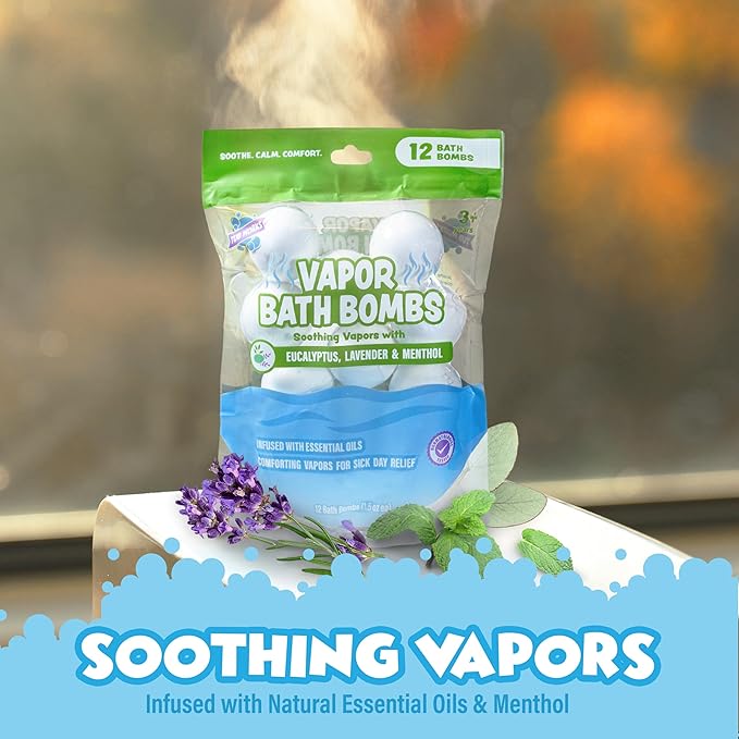 Tub Works® Vapor Bath Bombs for Toddlers & Kids, 12 Pack | Natural Essential Oils for Aromatherapy | Calming Eucalyptus Bath Bomb with Lavender & Menthol for Cold, Flu & Congestion Relief - Bloomnest