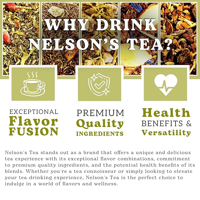 Nelson's Tea Favorites Sampler Pack - Caffeine Free - Loose Leaf Tea Sampler - A&J's Root Beer 2oz, Banana Nut Bread 2oz, Chamomile Honey Vanilla 1.1oz, Lemon Ginger Honey 1.6 oz, Peach Dream 2 oz - Bloomnest