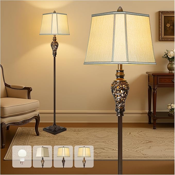 Vintage Floor Lamp with Night Light, 65" Retro Standing Lamp with Brown Finish and Beige Faux Silk Shade, Farmhouse Industrial Design Tall Lamp for Living Room Bedroom Bedside Corner (Bulb Included) - Bloomnest