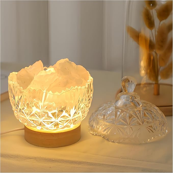 Himalayan Salt Lamp Night Light, Aromatic Diffuser Stone with Wood Base & Lid, LED USB Salt Lamp for Office, Bedroom, Bathroom, Gift for Relaxation & Sleep(White) - Bloomnest