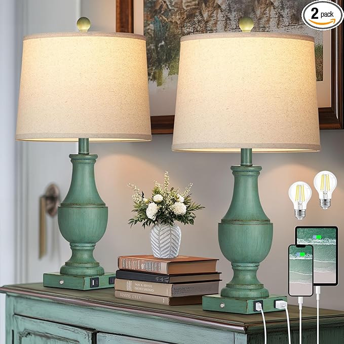 Farmhouse Table Lamp Set of 2, Rustic Touch Control 3-Way Dimmable Lamps with USB A+C Charging Ports & AC Outlet, Vintage Retro Antique Bedside Lamp for Living Room Bedrooms Nightstand Green - Bloomnest