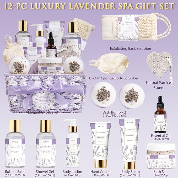 Birthday Gifts for Women, Lavender Relaxing Spa Gift Baskets for Women Self Care Package Bath Gift Set, Home Bath and Body Kit Pamper Valentines Day Gifts for Her Womens Mom Friends Wife Girlfriend - Bloomnest