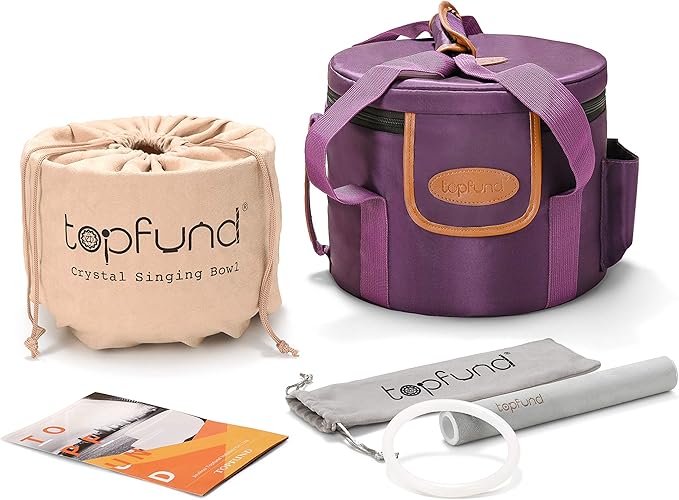 TOPFUND 432Hz Pink Purple F# Note Crystal Singing Bowl Thymus Chakra 8 inch with Heavy Duty Carrying Case and Suede Mallet