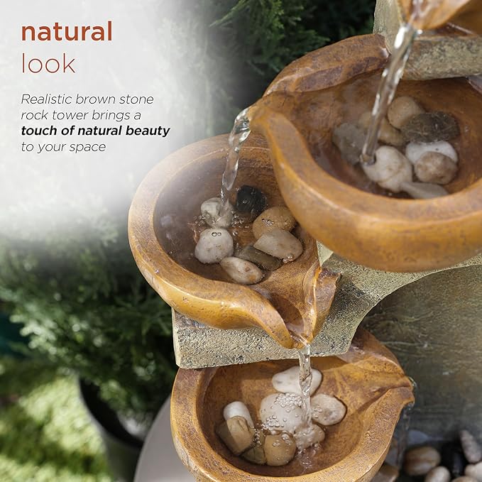 Alpine Corporation WCT726 Indoor/Outdoor Tabletop Tiered Pouring Pots Waterfall Fountain with Natural Stone Look, 16", Brown - Bloomnest