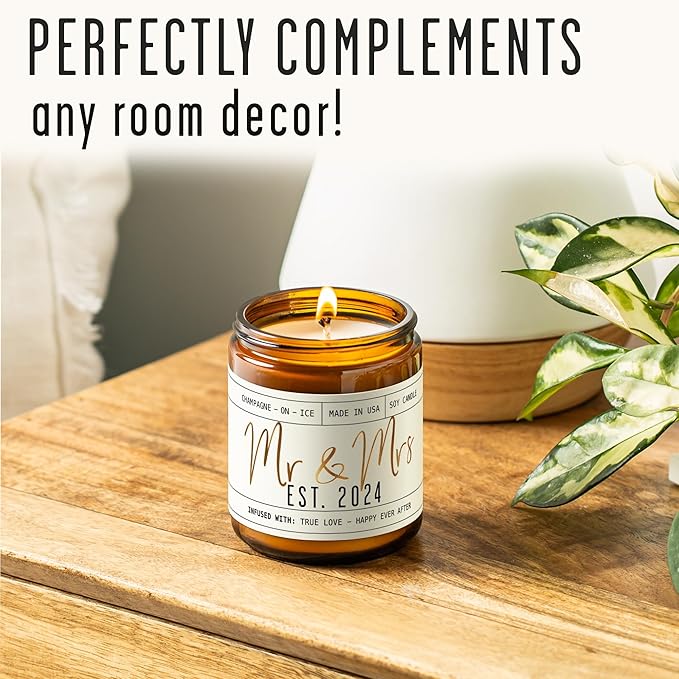 Wedding Gifts for Couples 2024, Mr and Mrs Gifts - 'Mr & Mrs Est. 2024' Candle, w/Champagne on Ice I Unique Newlywed Wedding Gifts for Couple I Wedding Shower Gifts Bride & Groom I 50Hr Burn,USA Made - Bloomnest